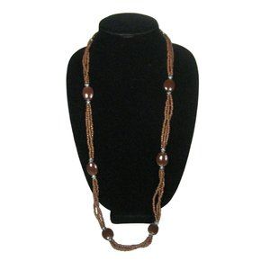Necklace Women Silvertone 37 Inch Vintage 1970 1960 Estate Brown Beaded Ceramic